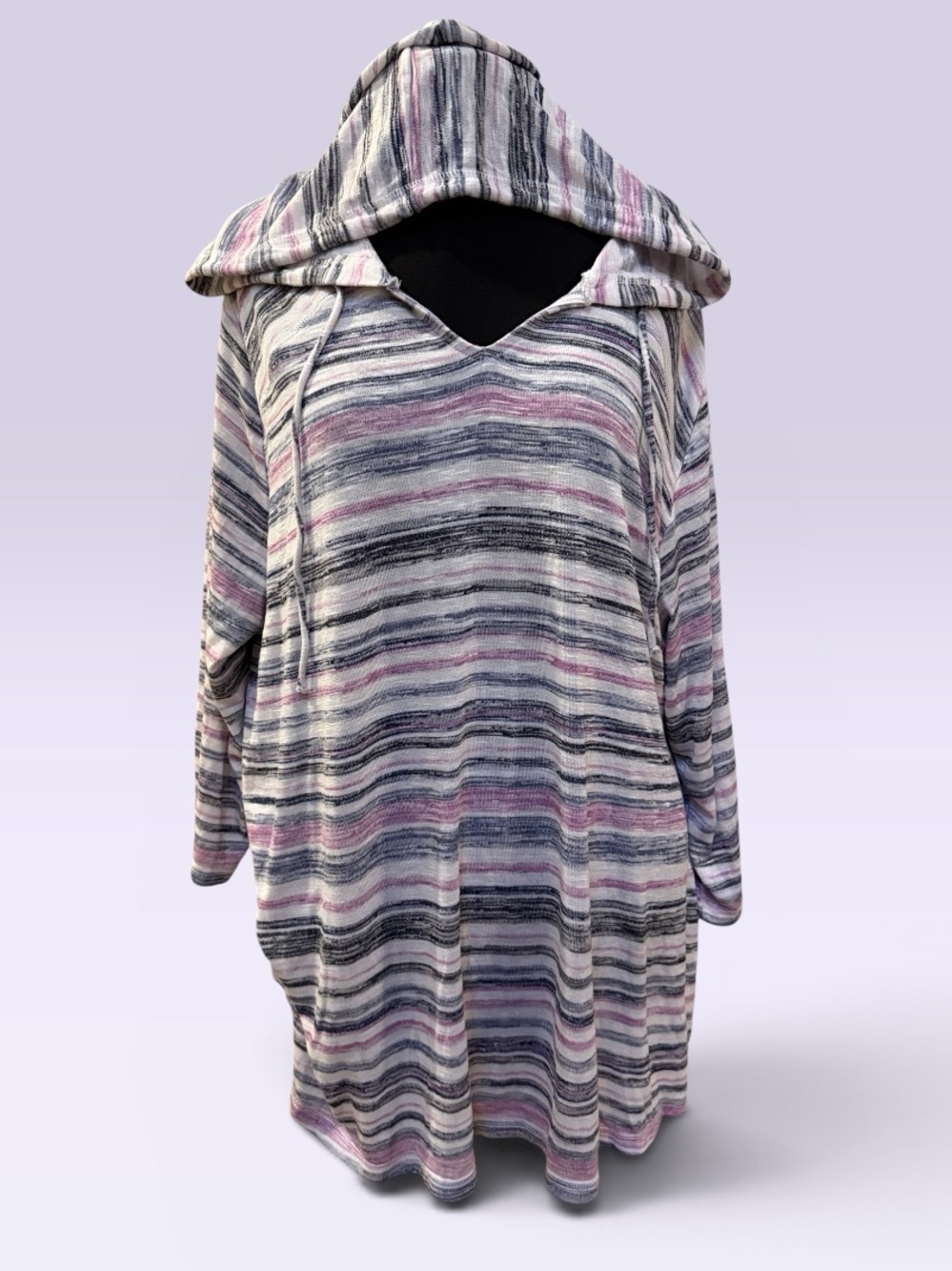 Catherines Striped Lightweight Hoodie Top in White, Pink & Gray
